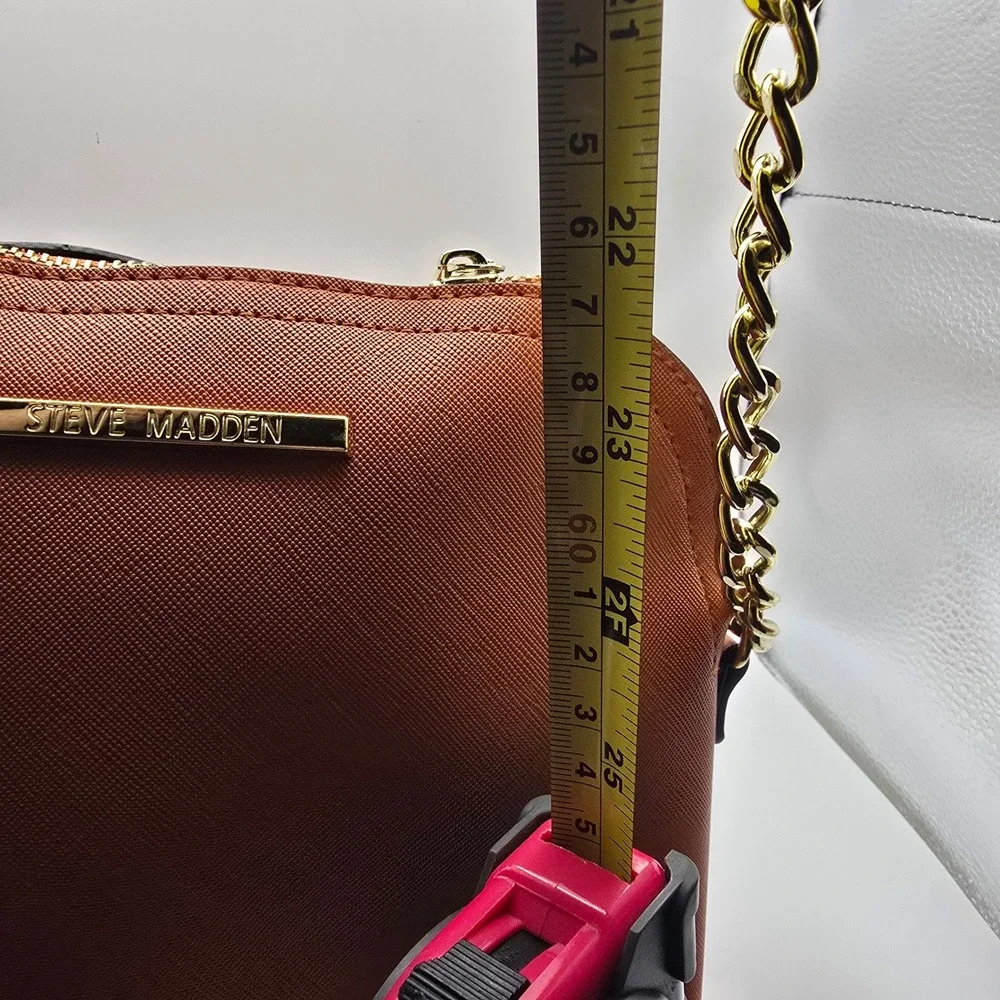 Steve Madden Cognac Saffiano Faux Leather Dome Crossbody Bag Gold Chain Strap